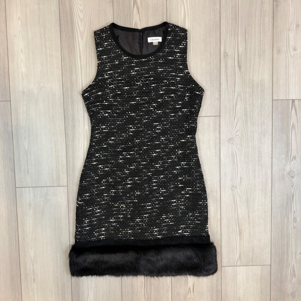 Calvin Klein Womens Tweed Faux Fur Hem Shift Dress Black White Sleeveless Size 8